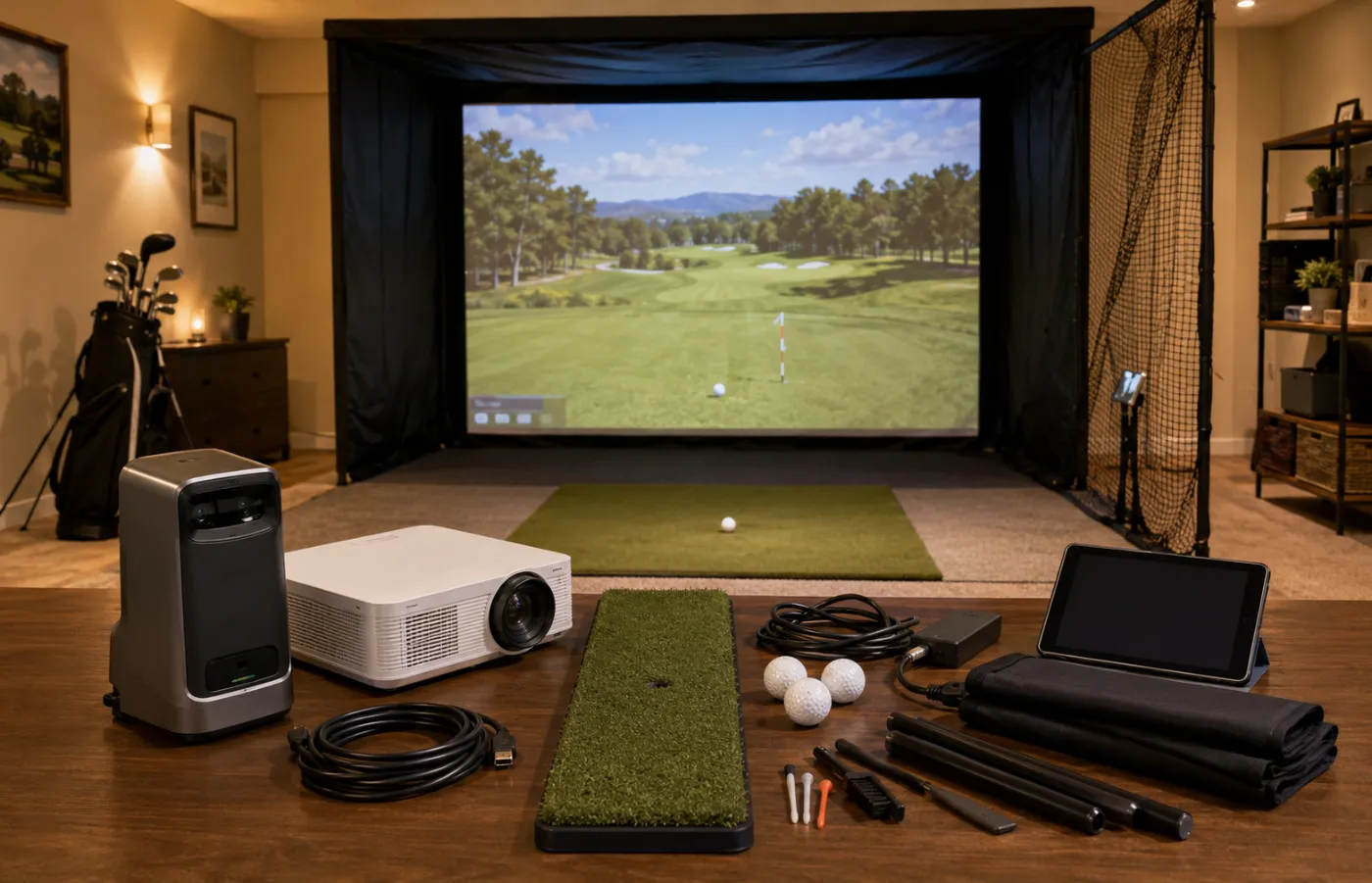 Golf simulator setup components including launch monitor, mat, screen, projector, cables, balls, accessories, and enclosure parts