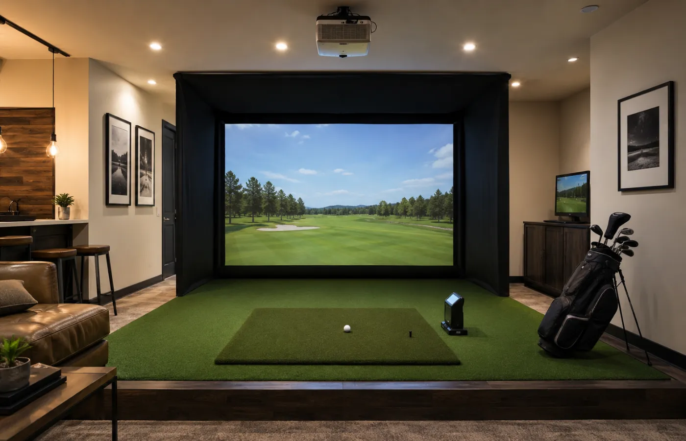 Full home golf simulator room showing the complete system, not just one device