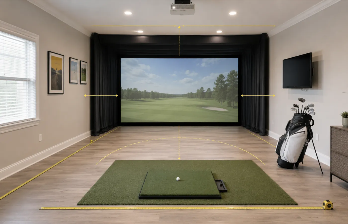 Indoor golf simulator room fit planning scene showing screen, mat, ceiling height, depth, and side clearance.