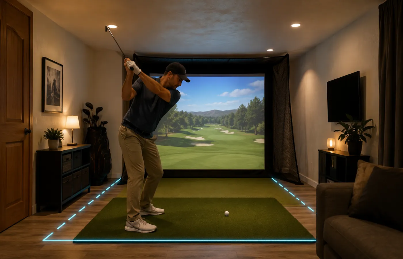 Small home golf simulator room showing safe swing space and room-fit planning for a tighter setup