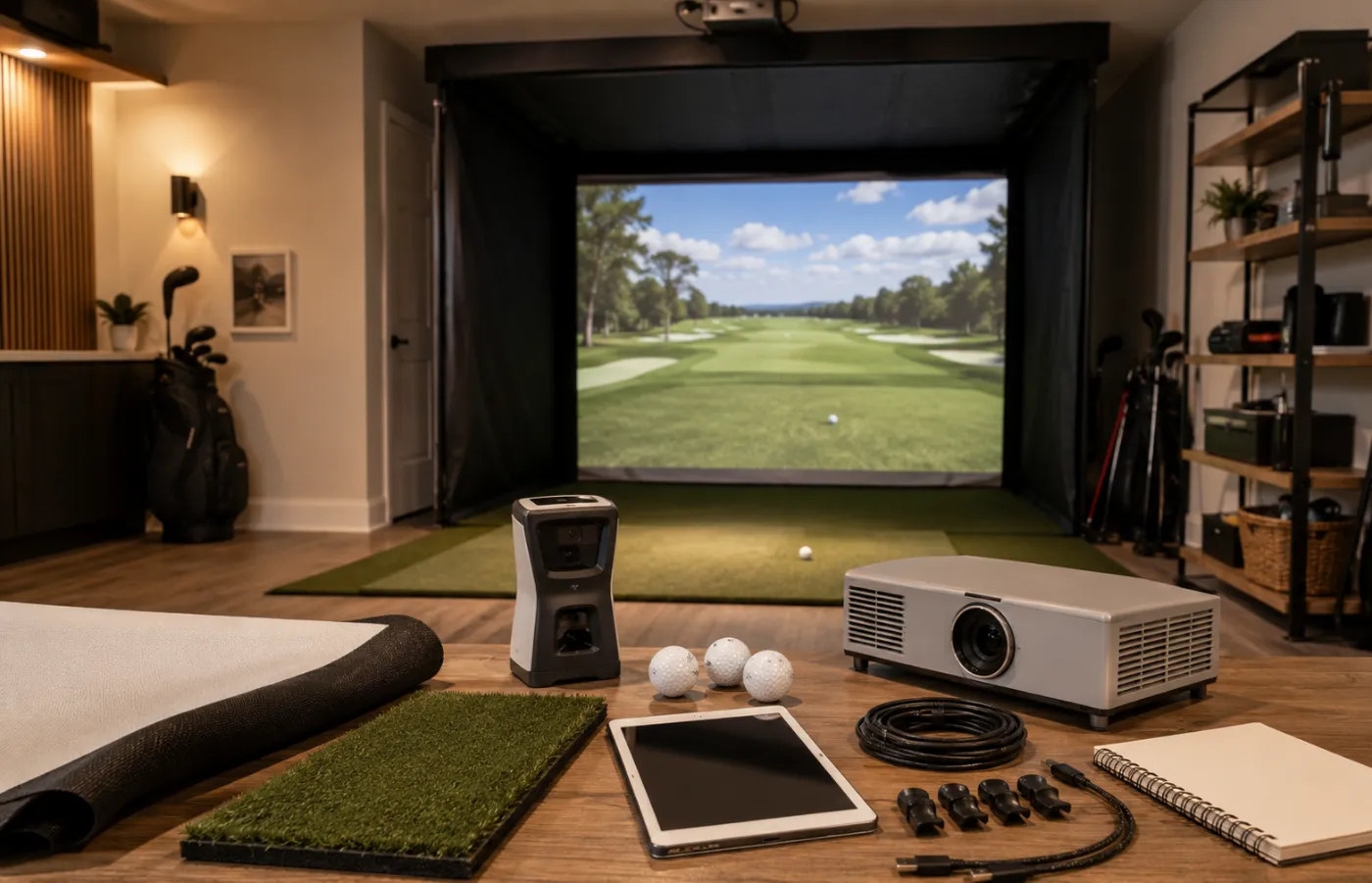 Under-$10,000 golf simulator extra budget priorities visual with projector, mat, software, screen, and room accessories